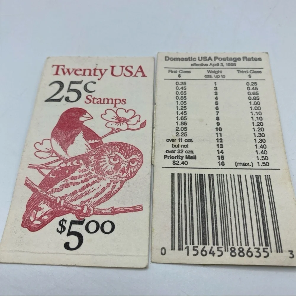 USPS Stamps 25c. Grosbeak & Owl Pair of 8 Birds Postage Vintage Mail 1988